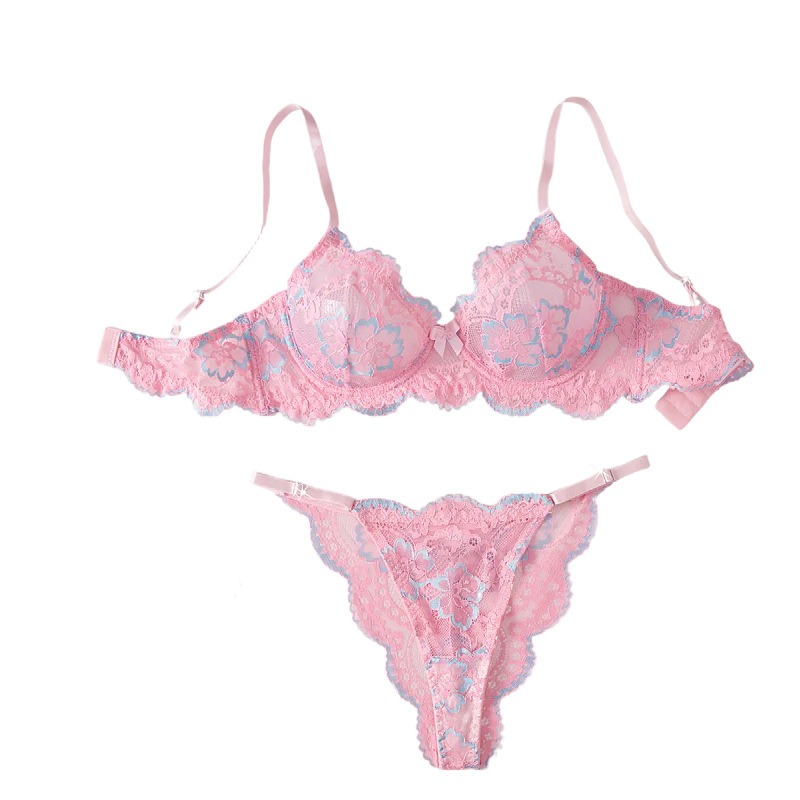 Lace Bralette Set - طقم لانجري نسائي مثير وردي مطبوع